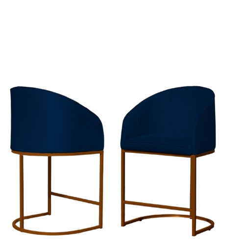 Kit 02 Poltronas Cadeira Banqueta Mia Base Bronze Veludo Azul Marinho - Montanaris Decor