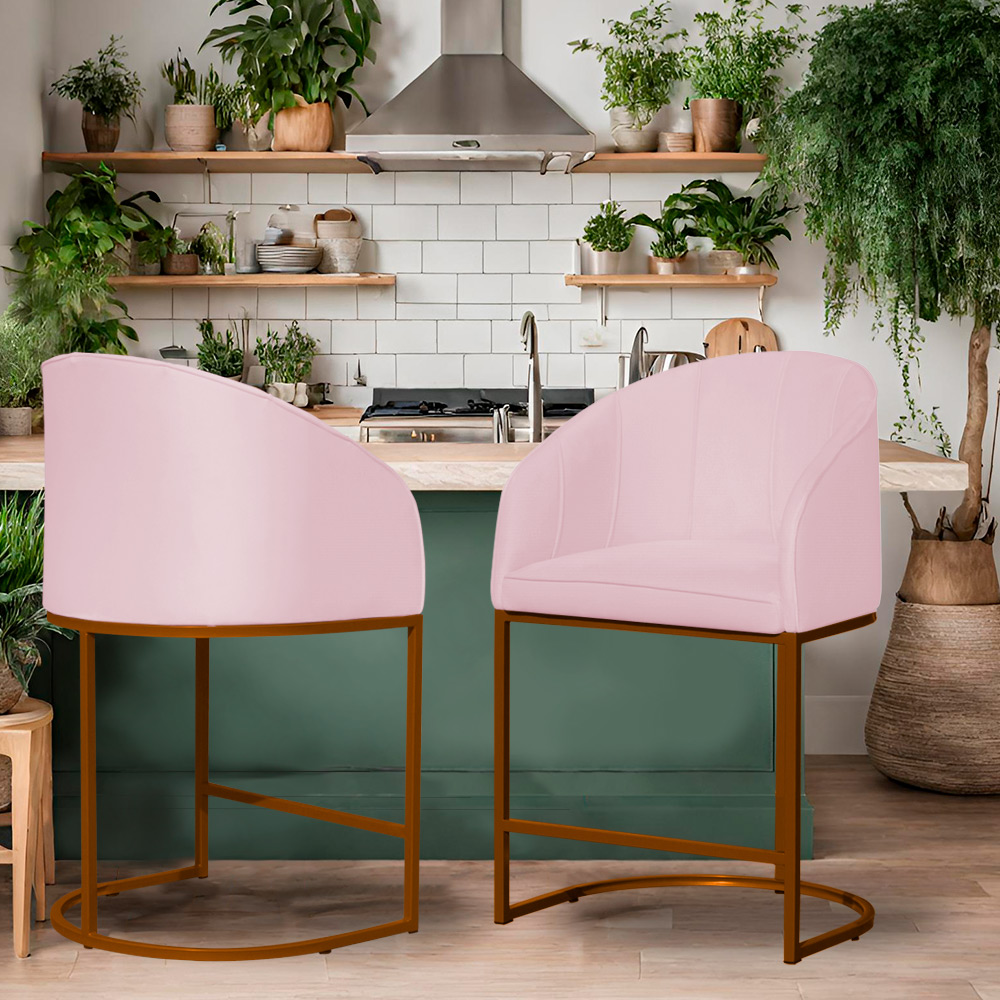 Kit 02 Poltronas Cadeira Banqueta Mia Base Bronze Veludo Rosa - Montanaris Decor