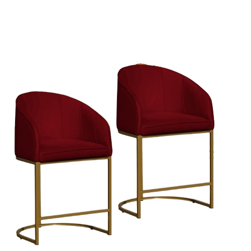 Kit 02 Poltronas Cadeira Banqueta Mia Base Dourada Veludo Vermelho - Montanaris Decor