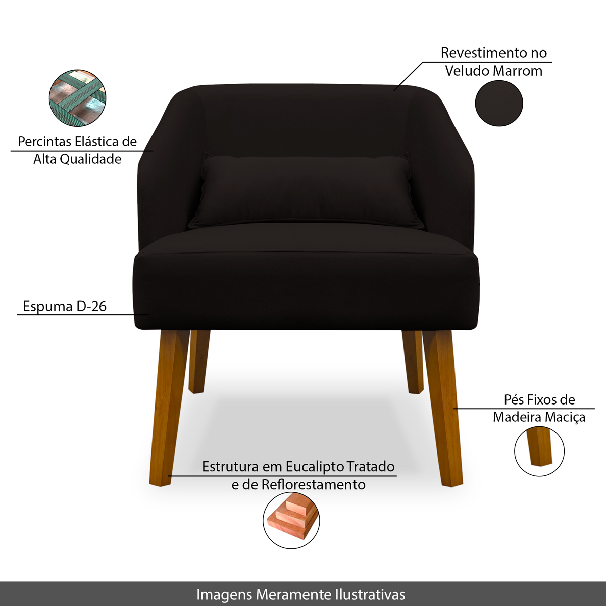 Kit 02 Poltronas Decorativa Virgínia Veludo Marrom - Montanaris Decor