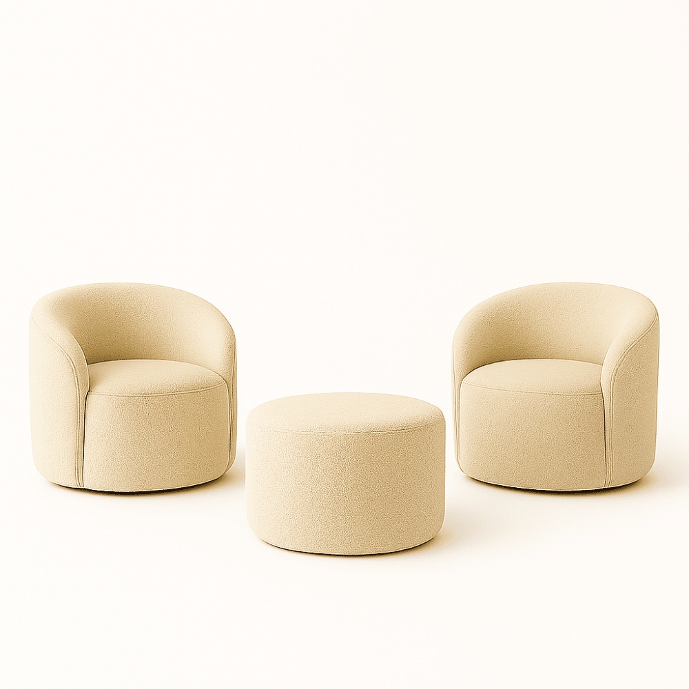 Kit 02 Poltronas Gaia + Puff Living Decorativo Curvo Orgânico Boucle Bege - Montanaris Decor