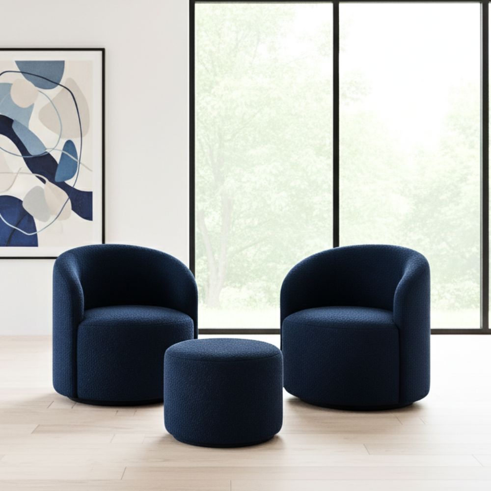 Kit 02 Poltronas Gaia + Puff Living Decorativo Curvo Orgânico Boucle Bege - Montanaris Decor