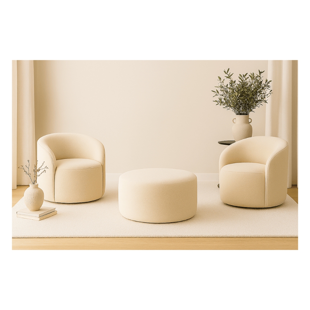 Kit 02 Poltronas Gaia + Puff Living Decorativo Curvo Orgânico Boucle Bege - Montanaris Decor