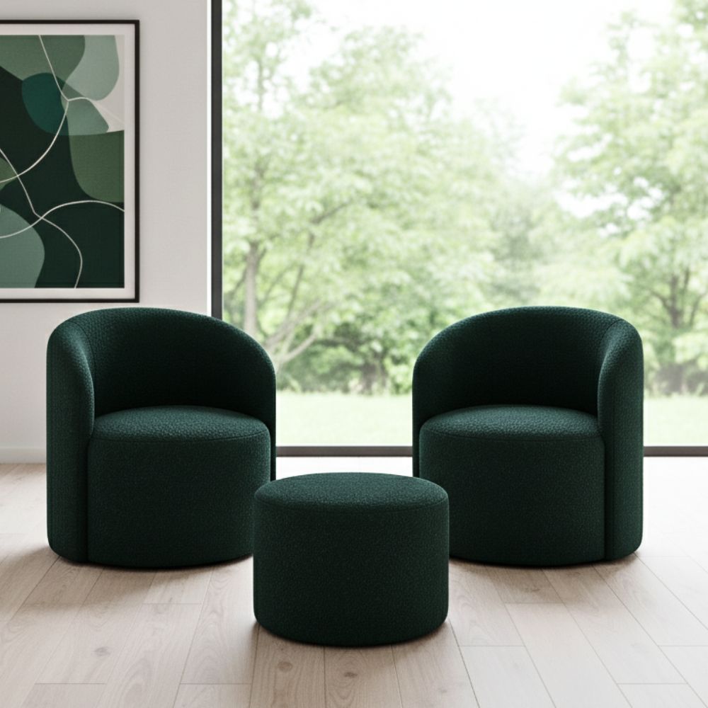 Kit 02 Poltronas Gaia + Puff Living Decorativo Curvo Orgânico Boucle Verde - Montanaris Decor