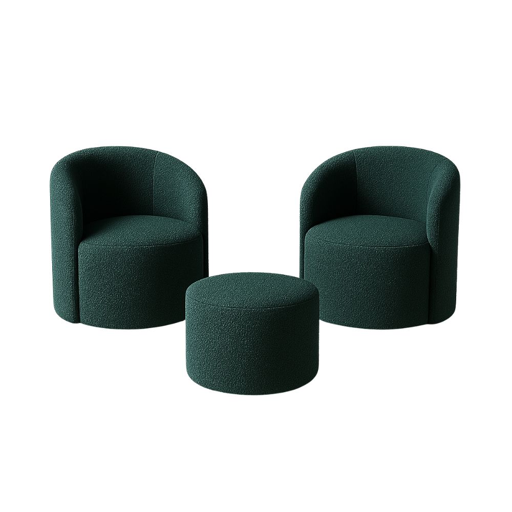 Kit 02 Poltronas Gaia + Puff Living Decorativo Curvo Orgânico Boucle Verde - Montanaris Decor