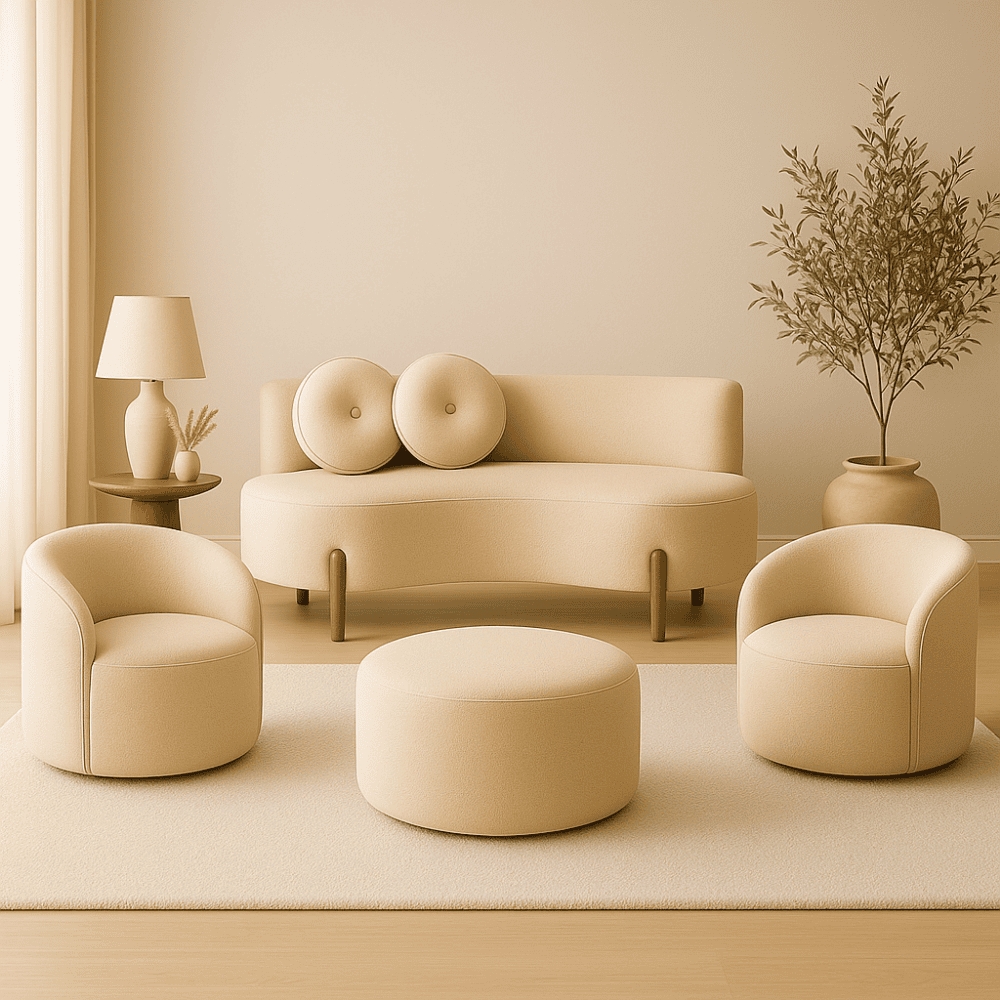 Kit 02 Poltronas Gaia +Sofá + Puff Living Decorativo Curvo Orgânico Boucle Bege - Montanaris Decor