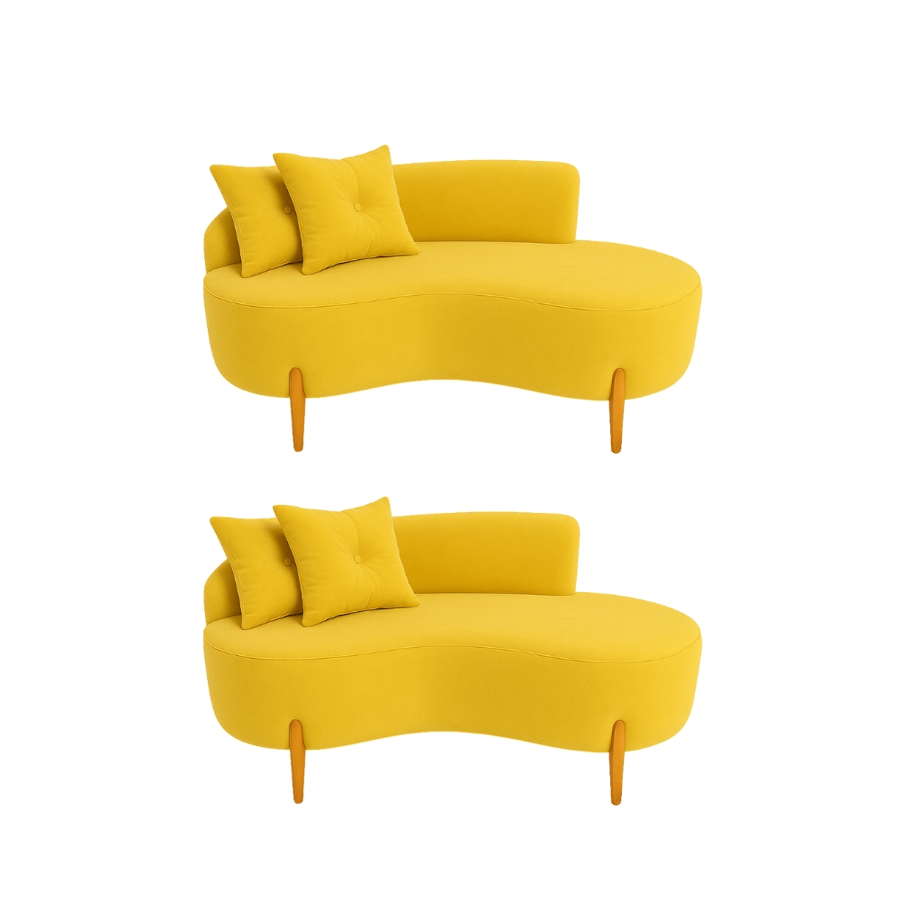 Kit 02 Sofá Orgânico 2 Lugares C/2 Almofadas Curvo Sala Recepção Veludo Amarelo - Montanaris Decor