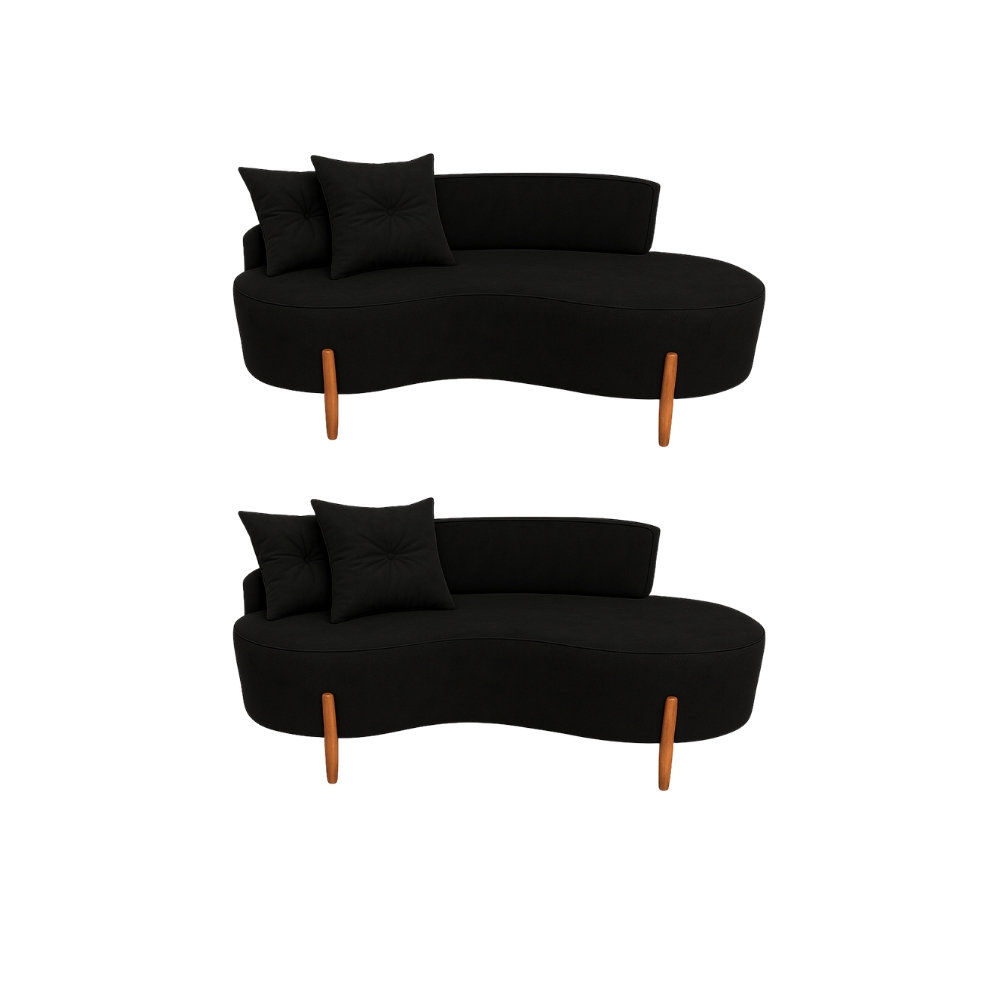Kit 02 Sofá Orgânico 2 Lugares C/2 Almofadas Curvo Sala Recepção Veludo Preto - Montanaris Decor