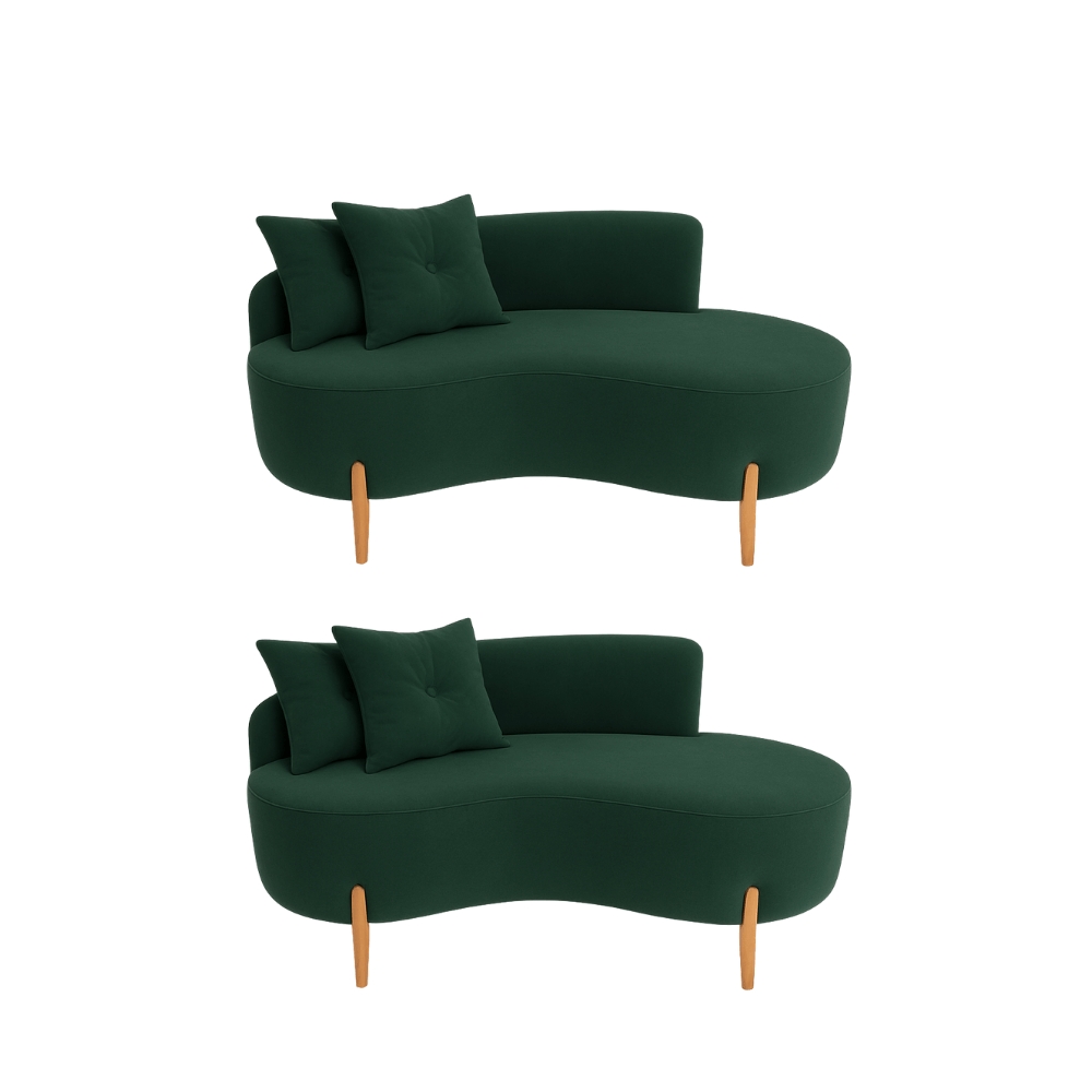 Kit 02 Sofá Orgânico 2 Lugares C/2 Almofadas Curvo Sala Recepção Veludo Verde - Montanaris Decor
