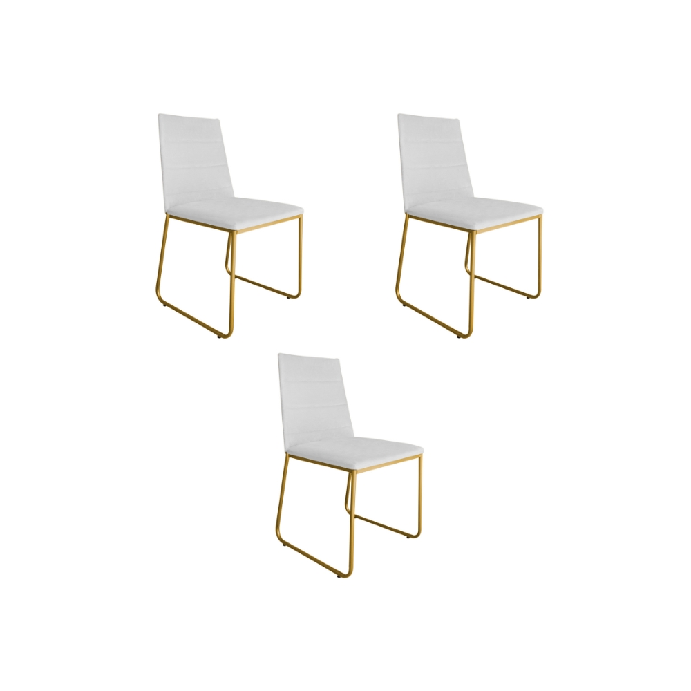 Kit 03 Cadeira de Jantar Estofada Lille Base Gold Courino Branco  - Montanaris Decor