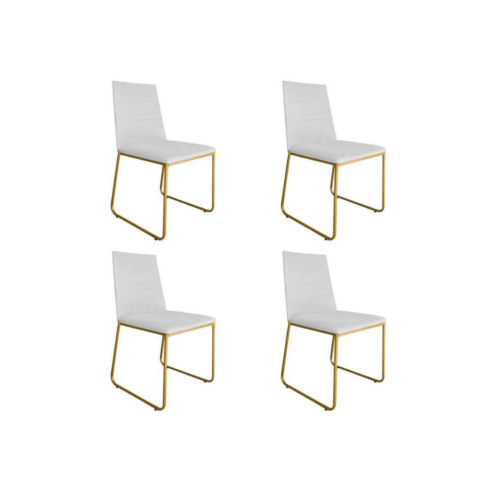 Kit 04 Cadeira de Jantar Estofada Lille Base Gold Courino Branco  - Montanaris Decor
