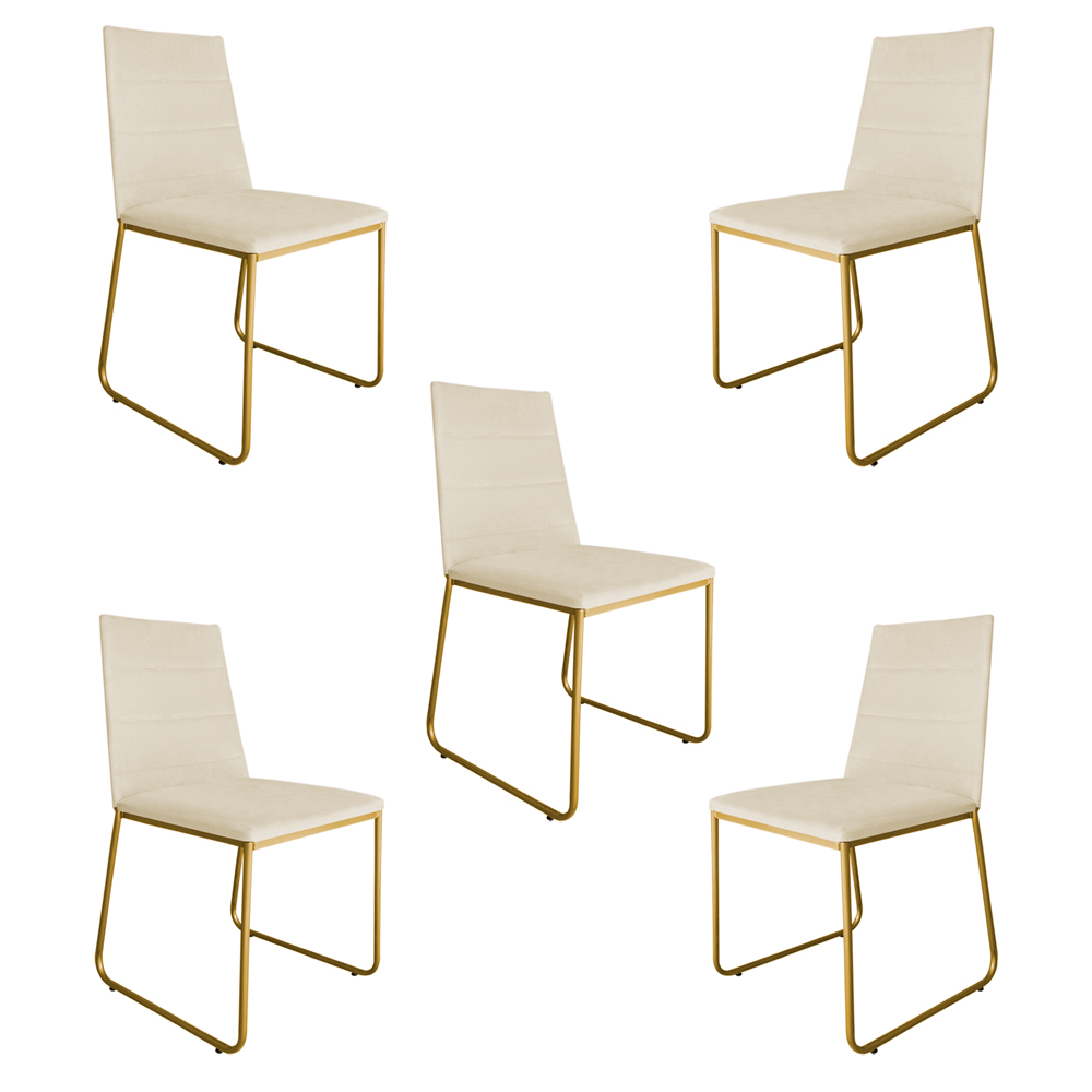 Kit 05 Cadeira de Jantar Estofada Lille Base Gold Courino Bege - Montanaris Decor