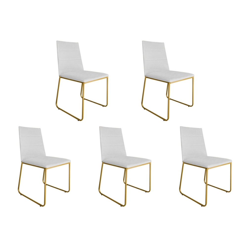 Kit 05 Cadeira de Jantar Estofada Lille Base Gold Courino Branco  - Montanaris Decor