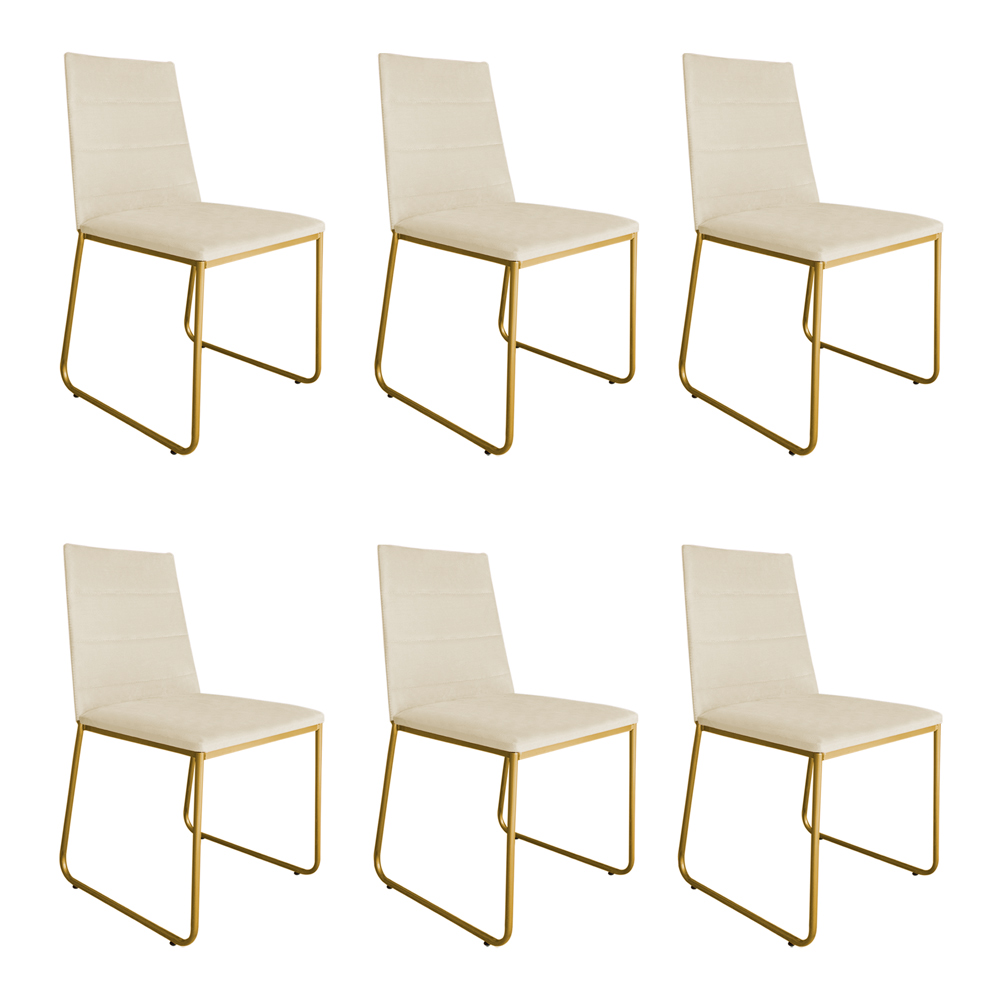 Kit 06 Cadeira de Jantar Estofada Lille Base Gold Courino Bege - Montanaris Decor