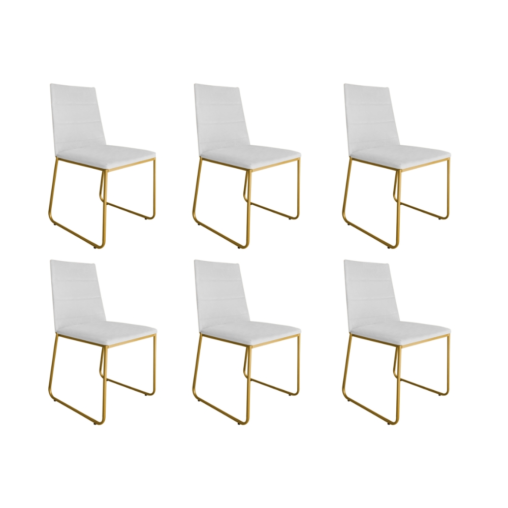 Kit 06 Cadeira de Jantar Estofada Lille Base Gold Courino Branco  - Montanaris Decor