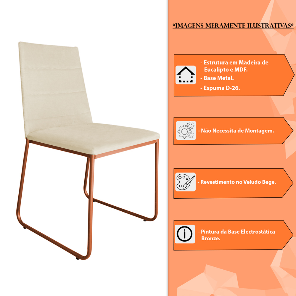 Kit 2 Cadeiras de Jantar Estofada Lille Base Bronze Veludo Bege - Montanaris Decor