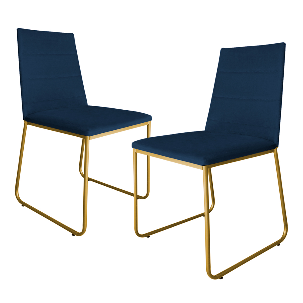 Kit 2 Cadeiras de Jantar Estofada Lille Base Gold Veludo Azul Marinho - Montanaris Decor