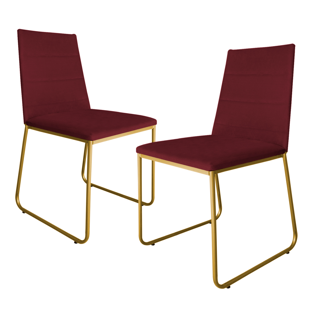 Kit 2 Cadeiras de Jantar Estofada Lille Base Gold Veludo Bordô - Montanaris Decor