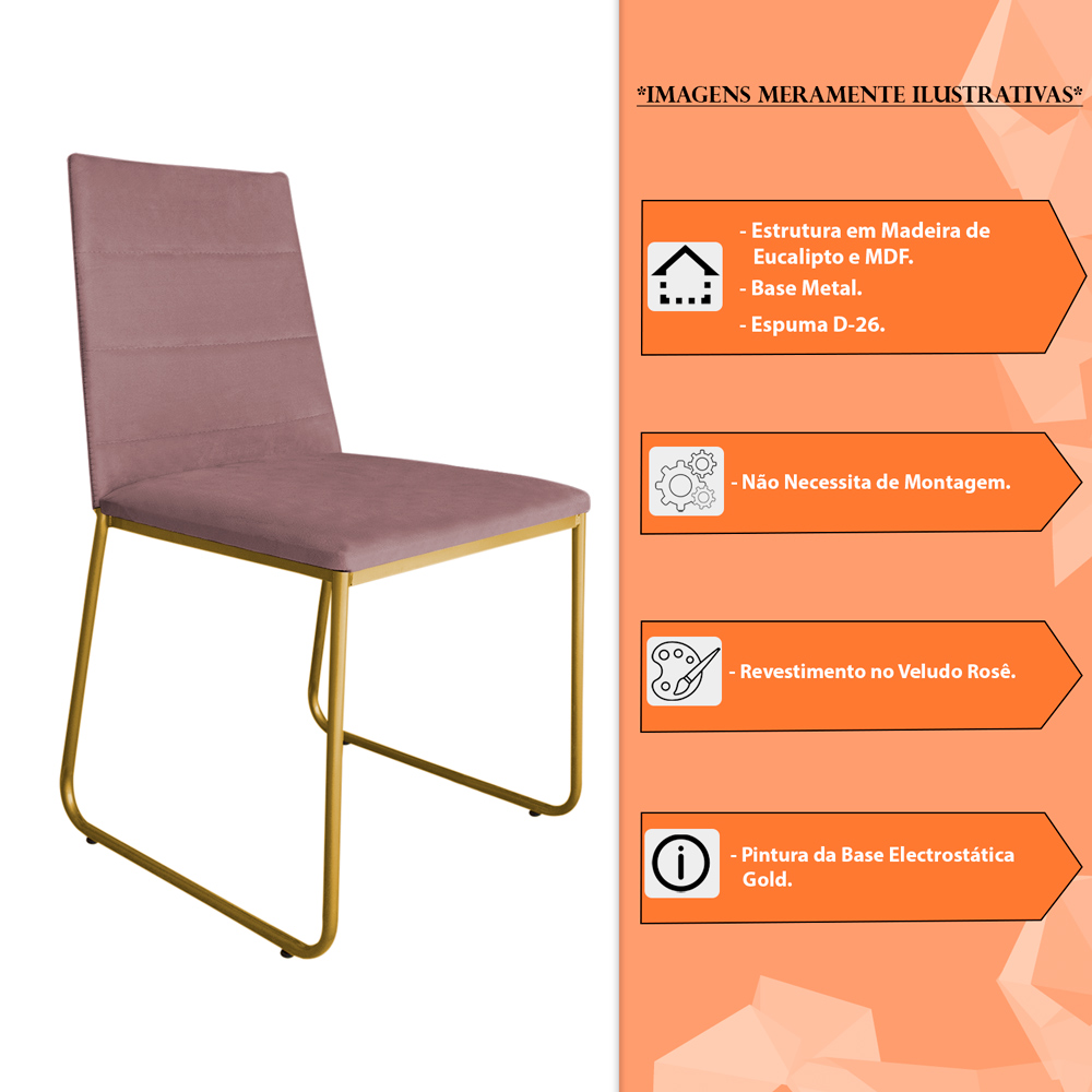 Kit 2 Cadeiras de Jantar Estofada Lille Base Gold Veludo Rosê - Montanaris Decor