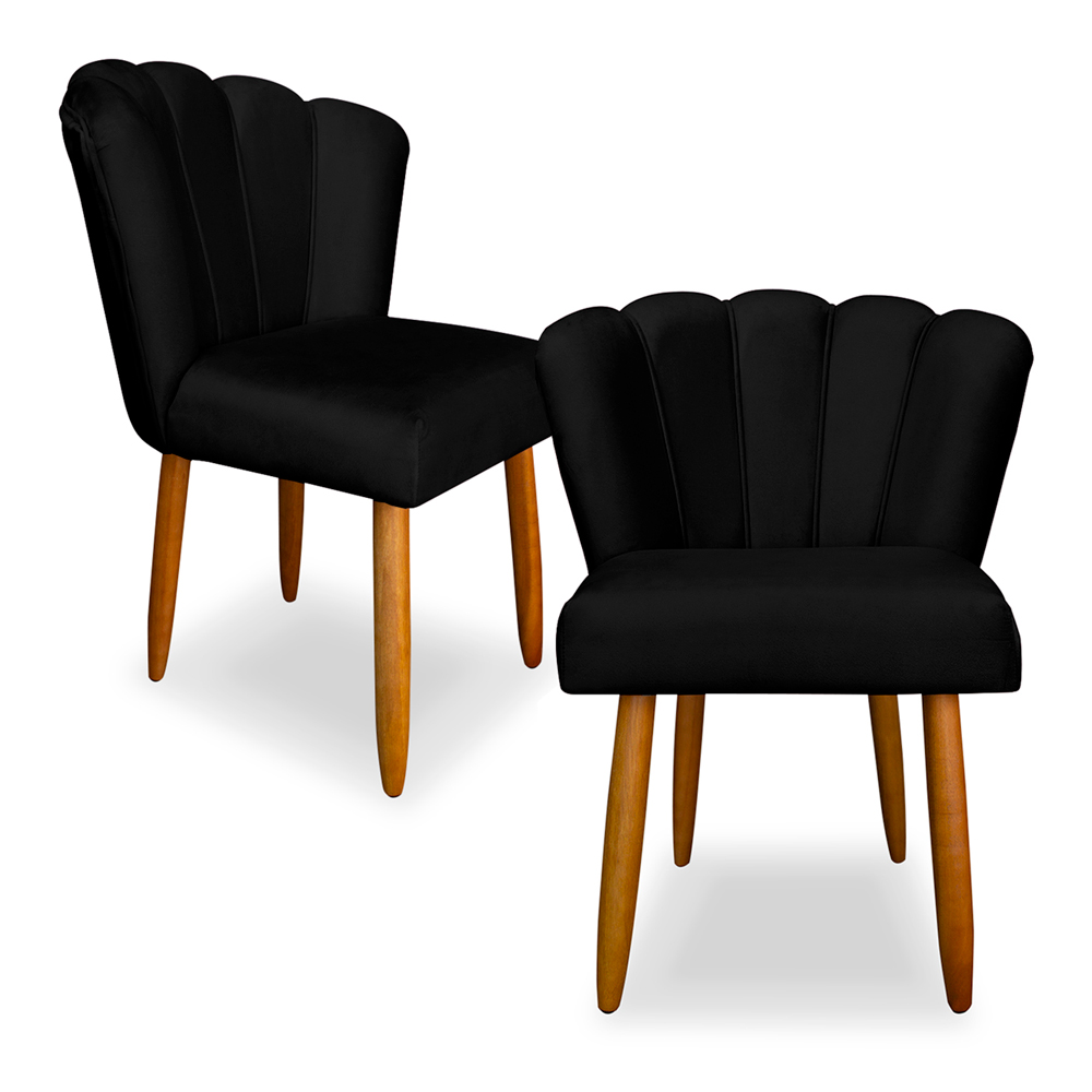 Kit 2 Cadeiras de Jantar Pétala Estofada Pés Palito Veludo Preto - Montanaris Decor