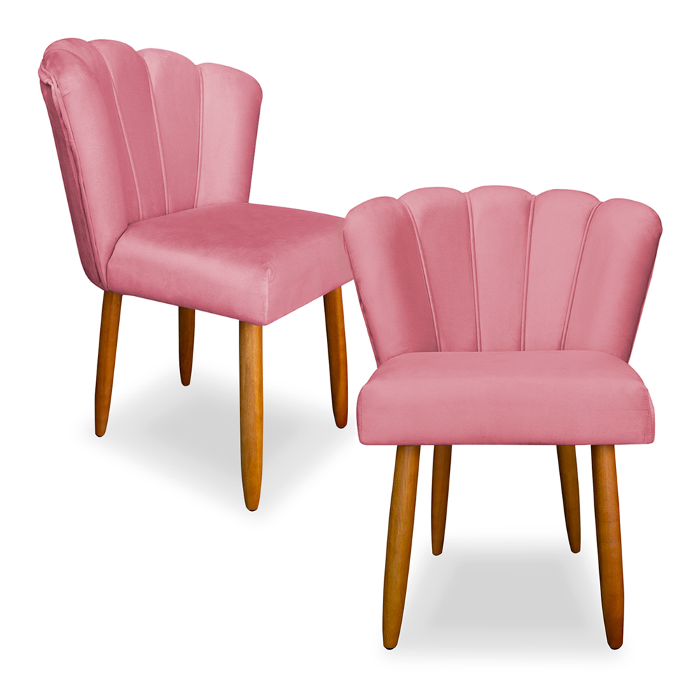 Kit 2 Cadeiras de Jantar Pétala Estofada Pés Palito Veludo Rosa - Montanaris Decor