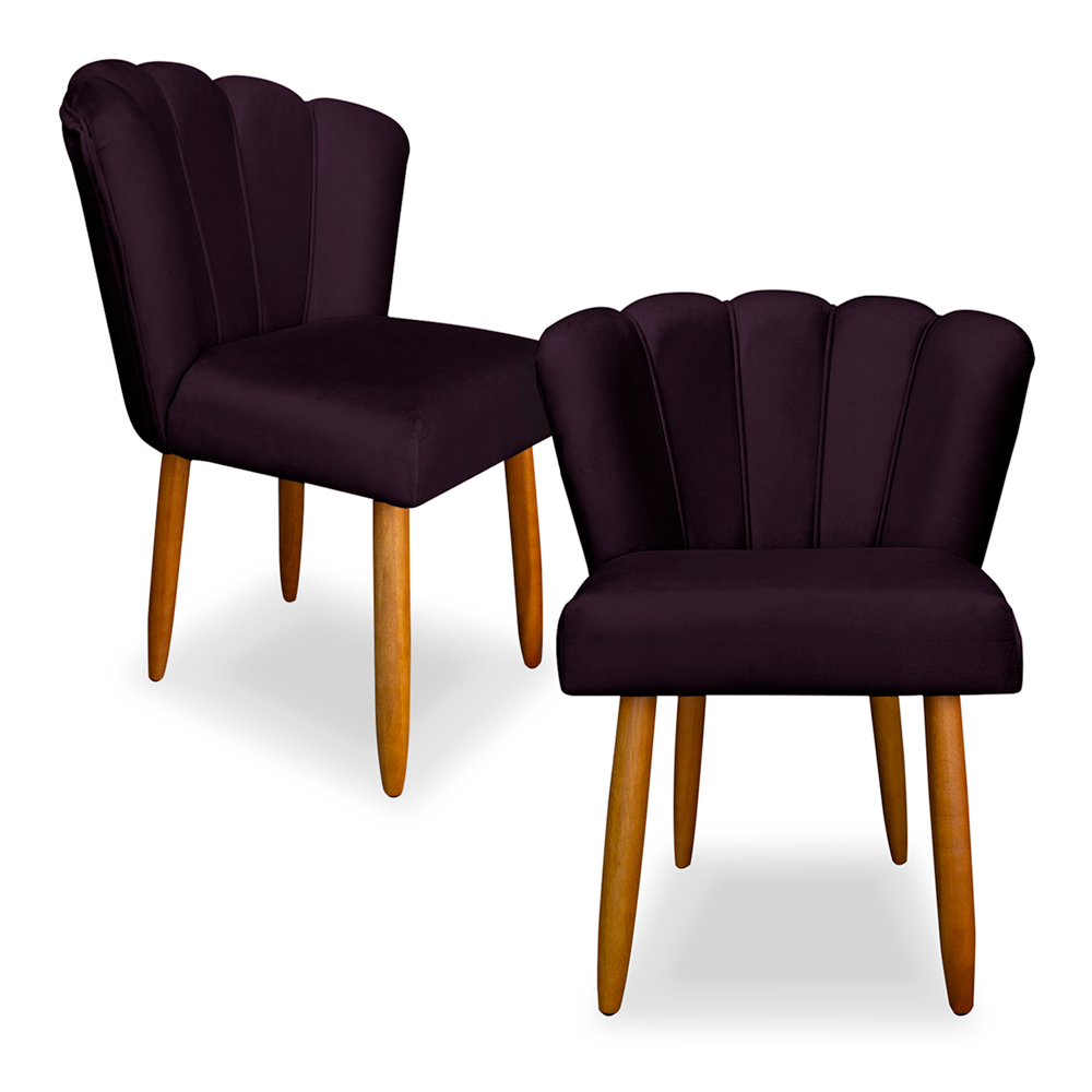 Kit 2 Cadeiras de Jantar Pétala Estofada Pés Palito Veludo Roxo - Montanaris Decor