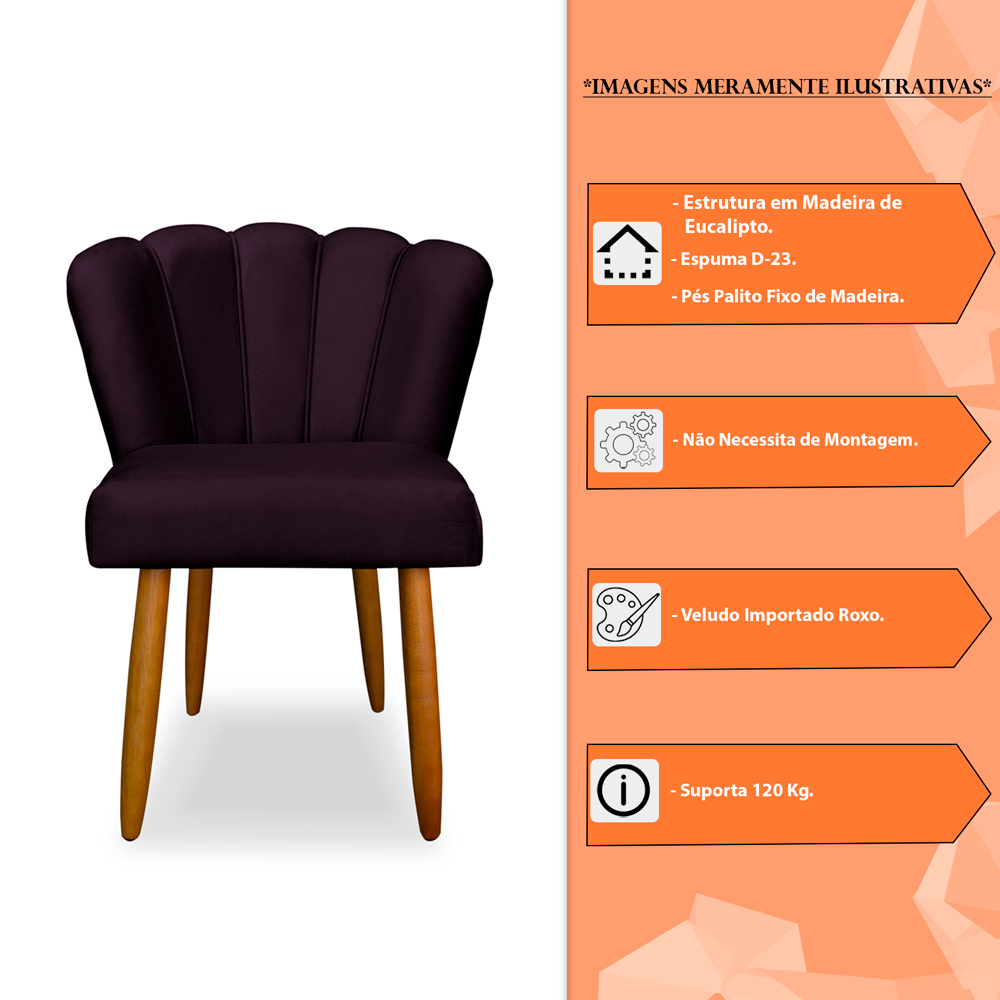 Kit 2 Cadeiras de Jantar Pétala Estofada Pés Palito Veludo Roxo - Montanaris Decor