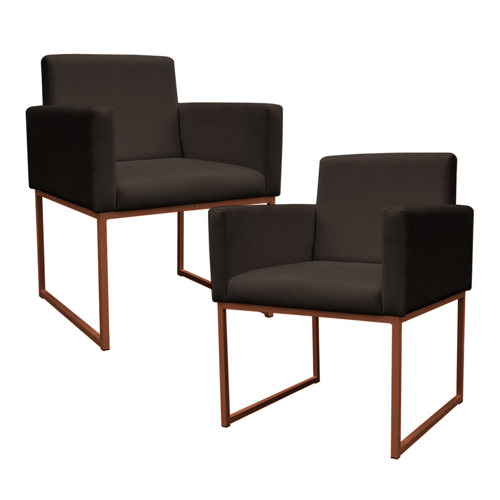 Kit 2 Poltronas Decorativa Base De Ferro Bronze Veludo Marrom - Montanaris Decor