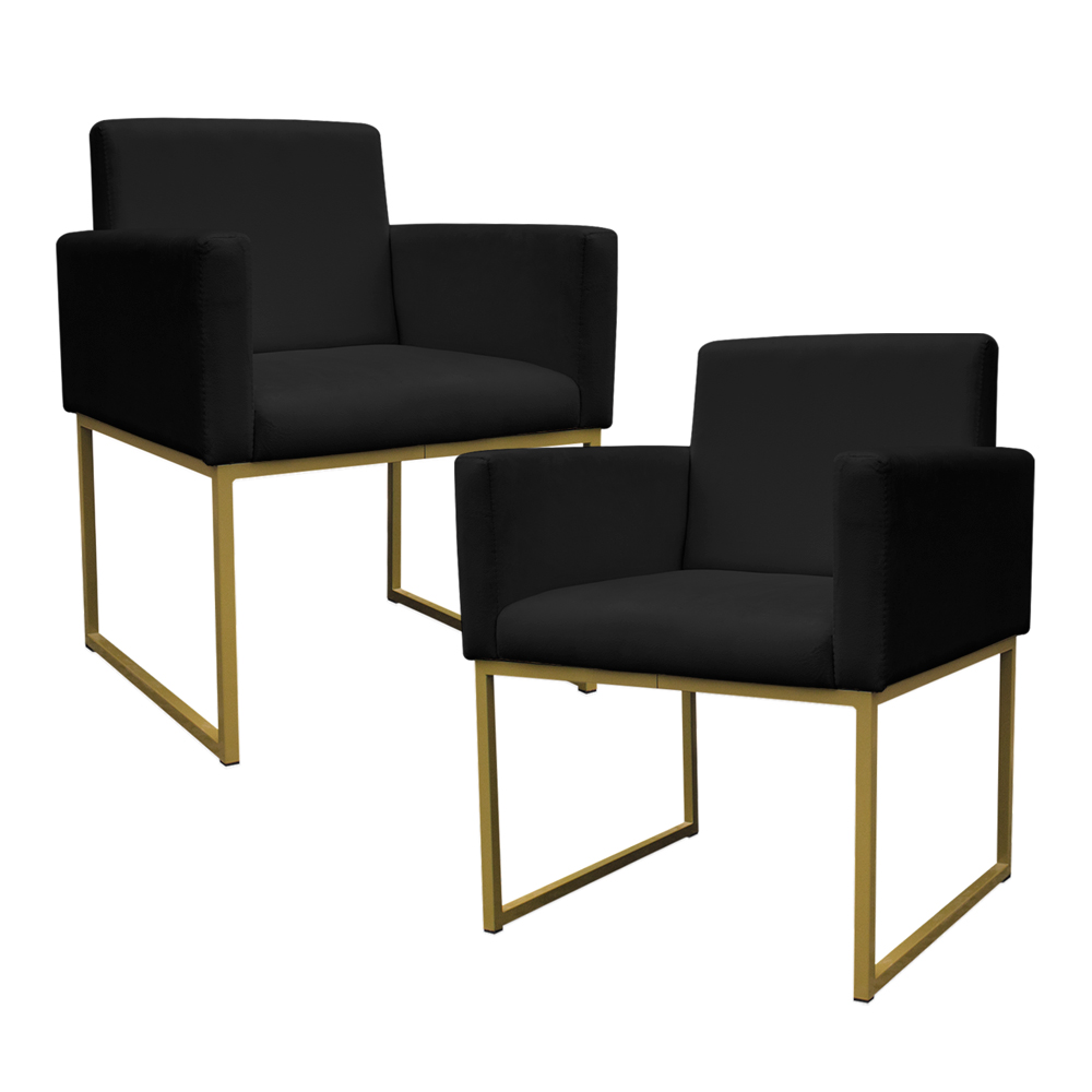 Kit 2 Poltronas Decorativa Base De Ferro Gold Veludo Preto - Montanaris Decor