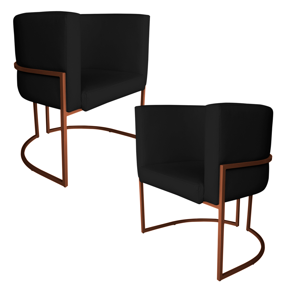 Kit 2 Poltronas Decorativa Luana Base Bronze PU Preto - Montanaris Decor