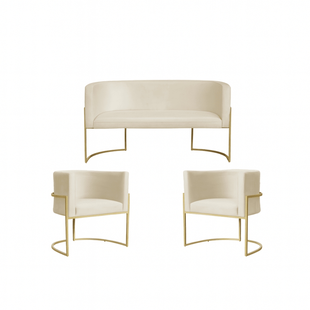 Kit 2 Poltronas Decorativa Sala de Estar Luana + Namoradeira  Base Gold Veludo Bege - Montanaris Decor