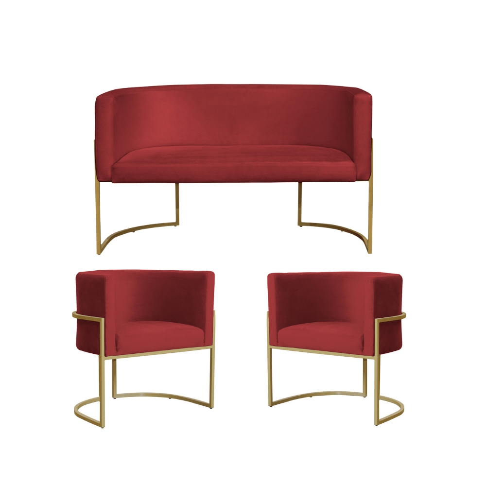 Kit 2 Poltronas Decorativa Sala de Estar Luana + Namoradeira  Base Gold Veludo Vermelho - Montanaris Decor
