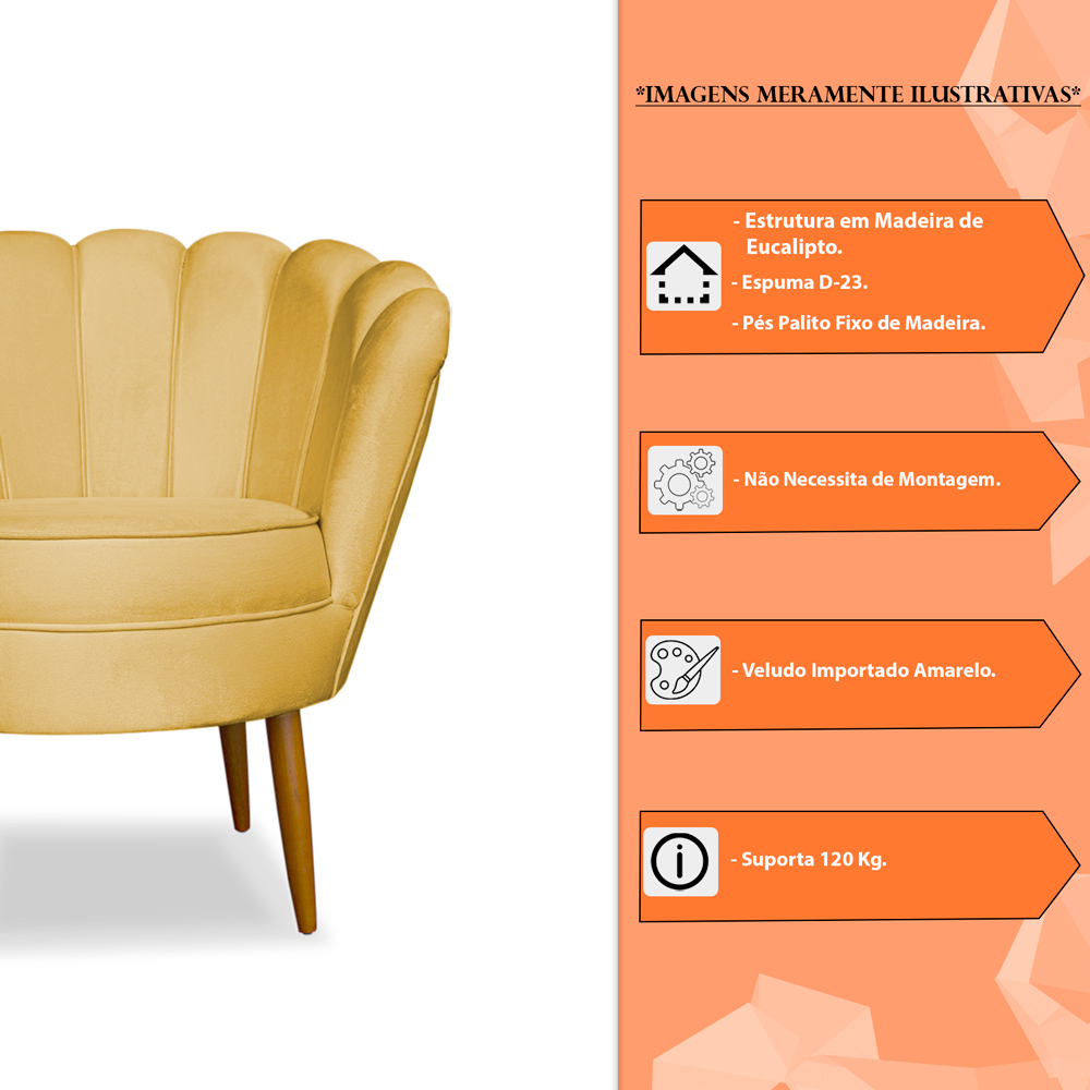 Kit 2 Poltronas Decorativa Sala de Estar Pétala Veludo Amarelo - Montanaris Decor