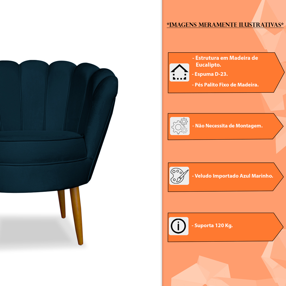 Kit 2 Poltronas Decorativa Sala de Estar Pétala Veludo Azul Marinho - Montanaris Decor