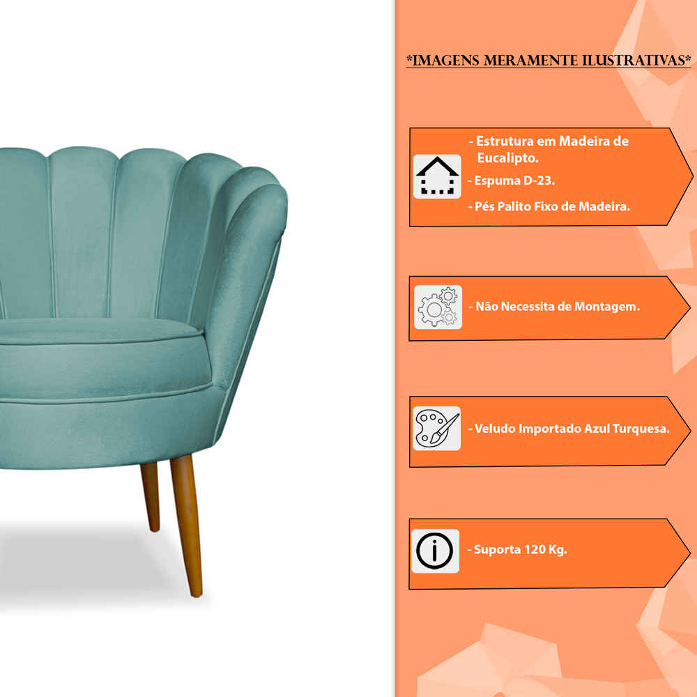 Kit 2 Poltronas Decorativa Sala de Estar Pétala Veludo Azul Turquesa - Montanaris Decor