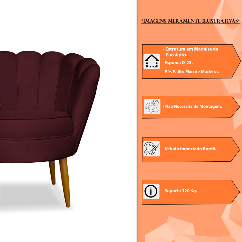 Kit 2 Poltronas Decorativa Sala de Estar Pétala Veludo Bordô - Montanaris Decor