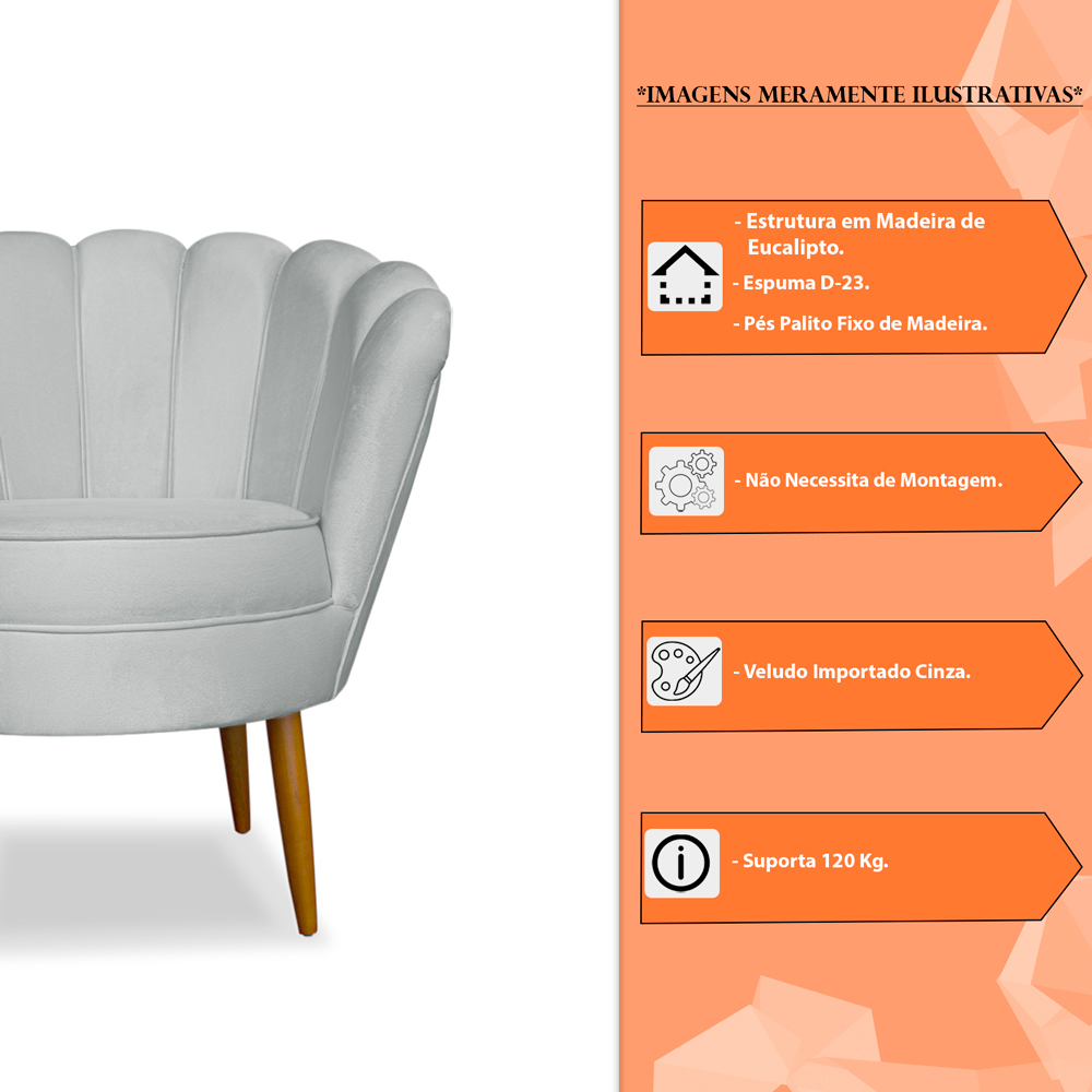 Kit 2 Poltronas Decorativa Sala de Estar Pétala Veludo Cinza - Montanaris Decor
