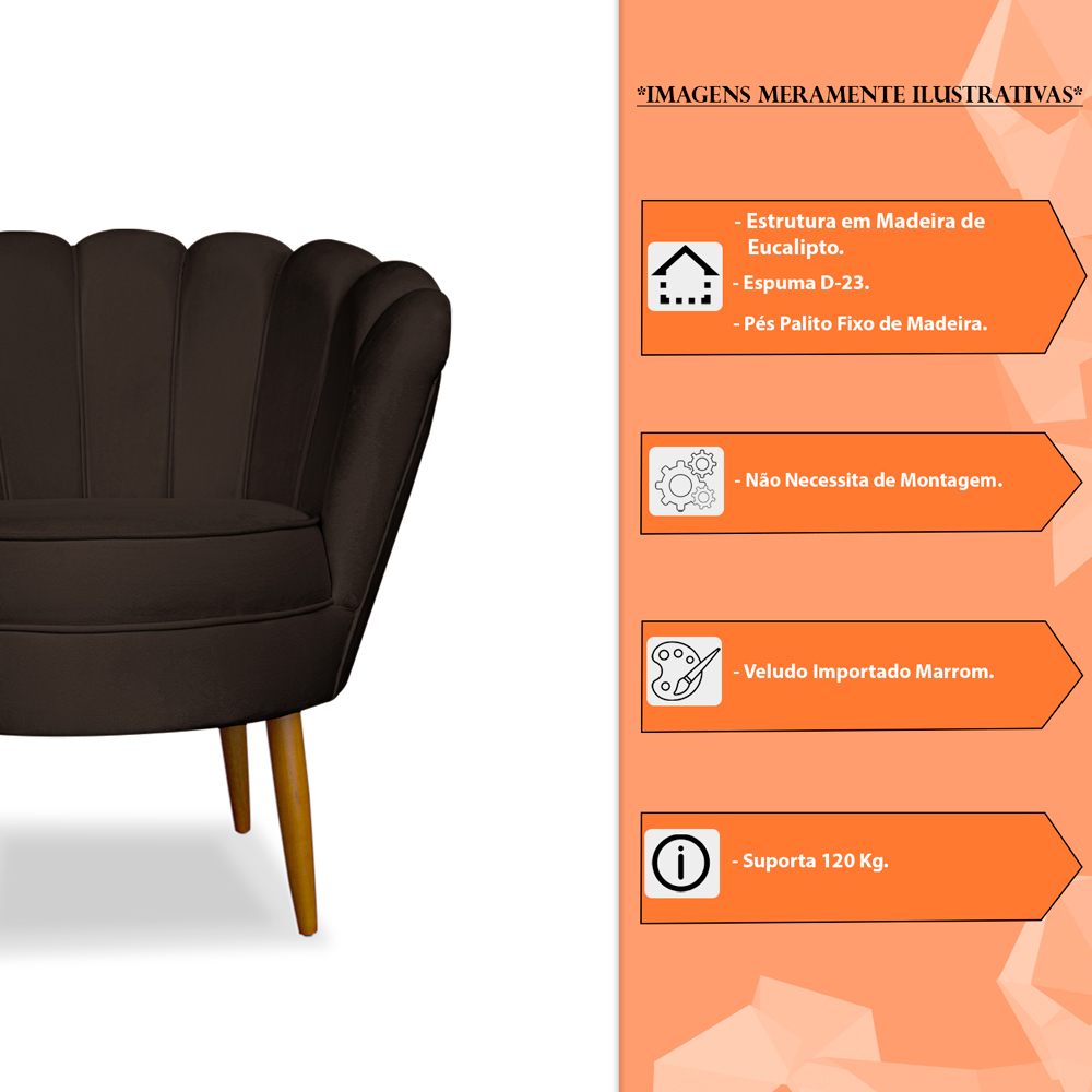Kit 2 Poltronas Decorativa Sala de Estar Pétala Veludo Marrom - Montanaris Decor