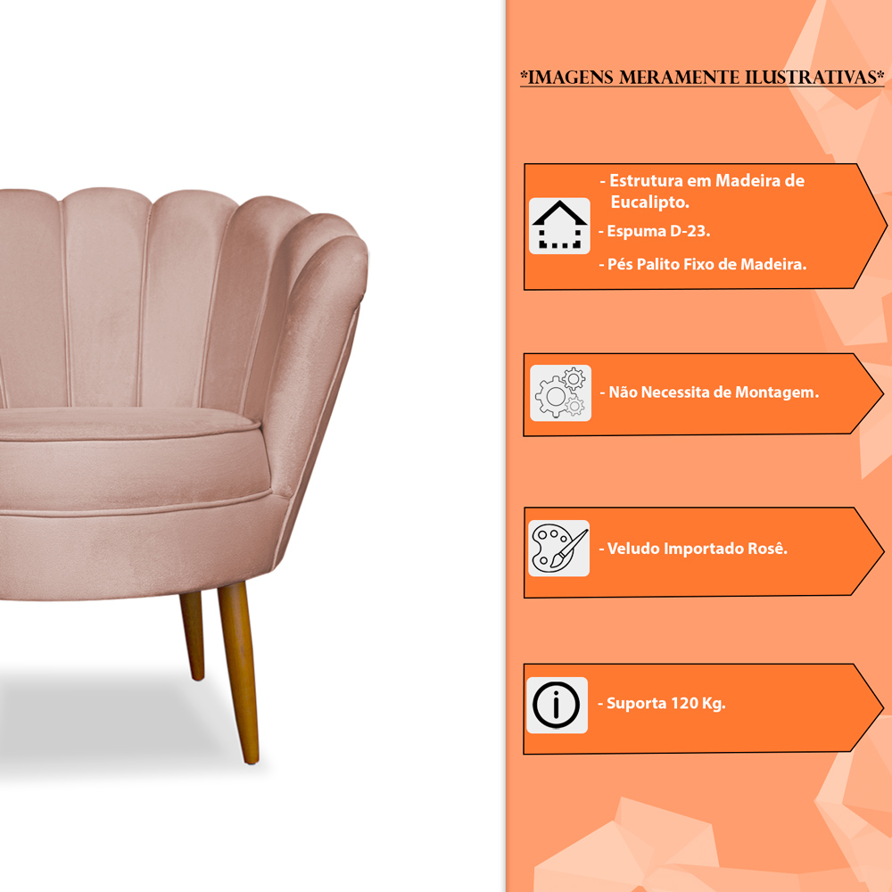 Kit 2 Poltronas Decorativa Sala de Estar Pétala Veludo Rosê - Montanaris Decor