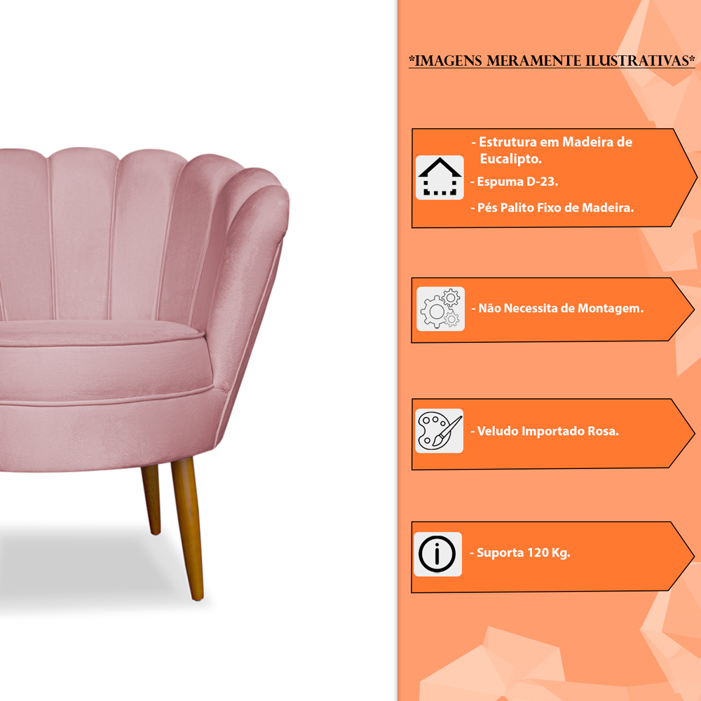 Kit 2 Poltronas Decorativa Sala de Estar Pétala Veludo Rosa - Montanaris Decor