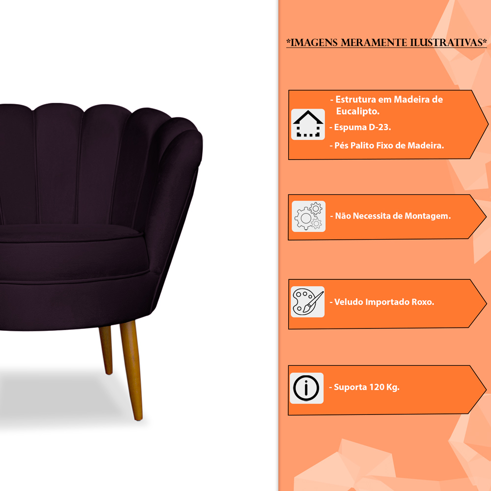 Kit 2 Poltronas Decorativa Sala de Estar Pétala Veludo Roxo - Montanaris Decor