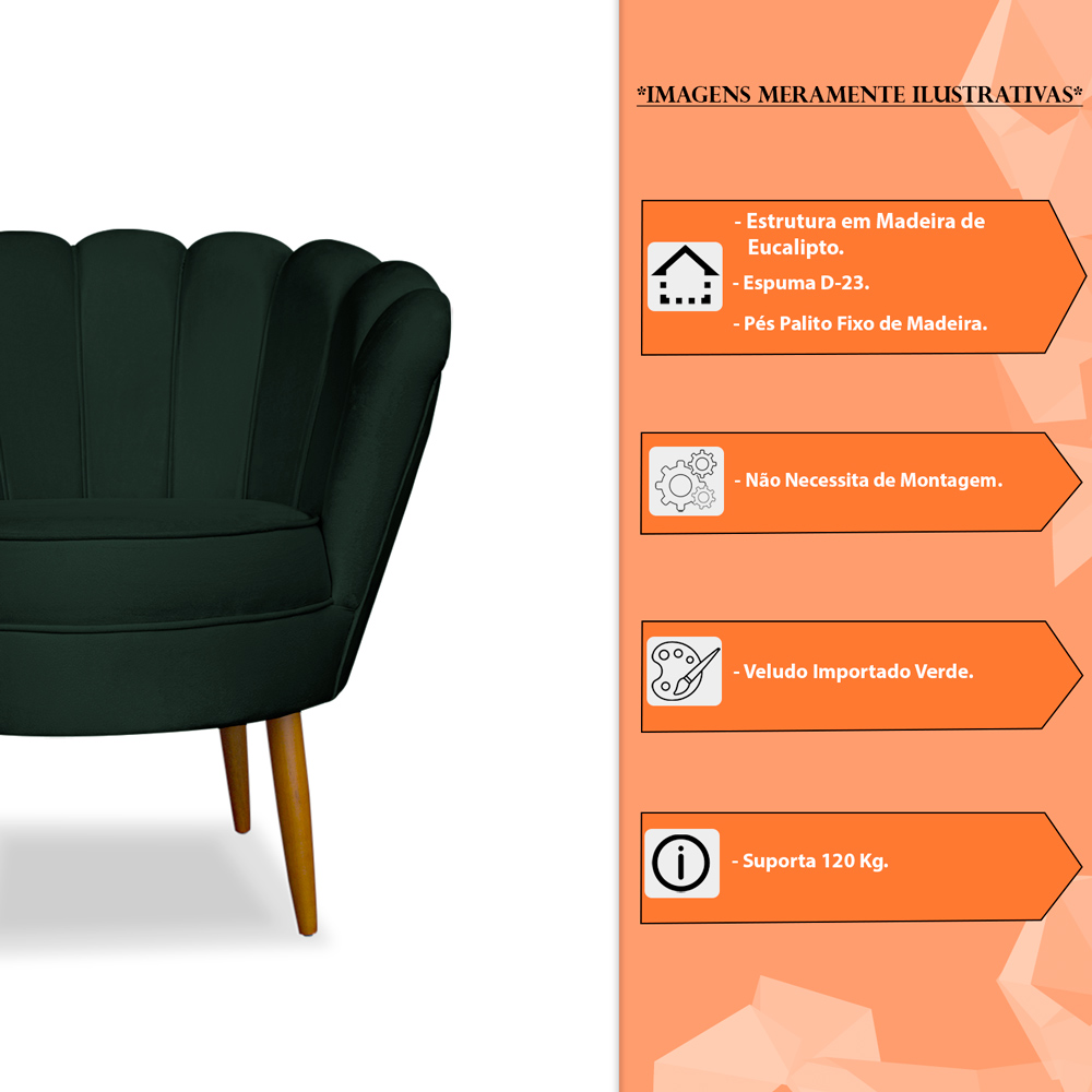 Kit 2 Poltronas Decorativa Sala de Estar Pétala Veludo Verde - Montanaris Decor