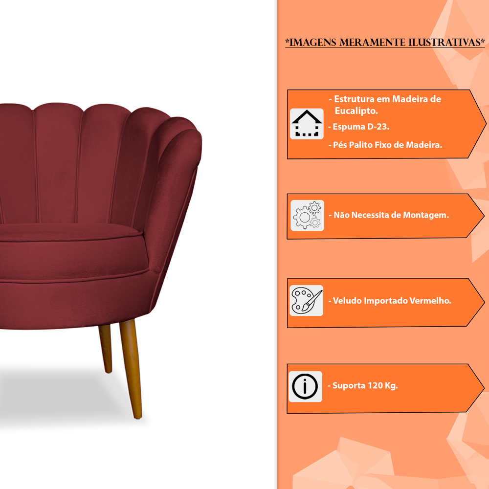 Kit 2 Poltronas Decorativa Sala de Estar Pétala Veludo Vermelho - Montanaris Decor