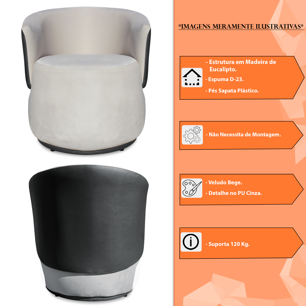 Kit 2 Poltronas Orgânica Decorativa Lara Veludo Bege/PU Cinza - Montanaris Decor