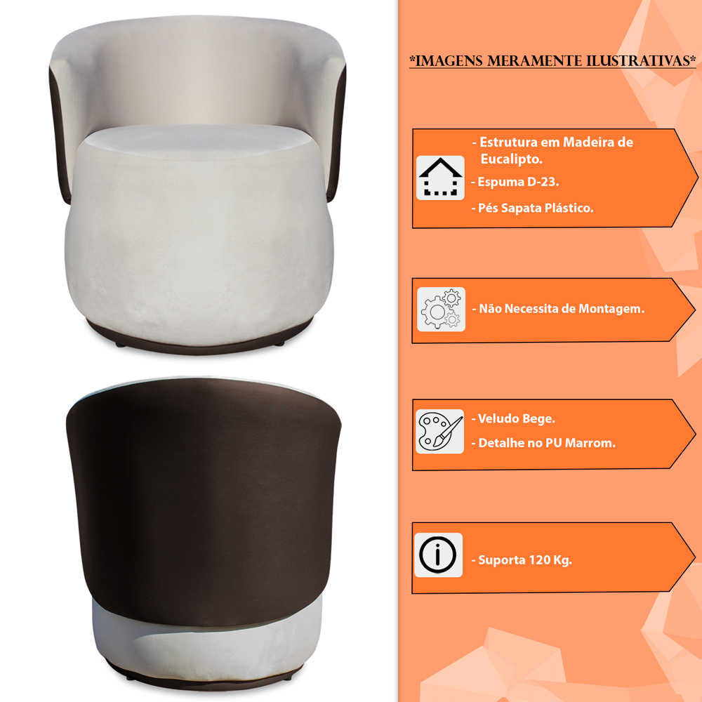 Kit 2 Poltronas Orgânica Decorativa Lara Veludo Bege/PU Marrom - Montanaris Decor
