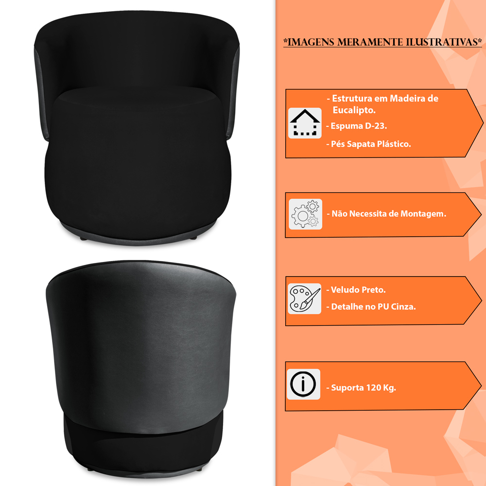 Kit 2 Poltronas Orgânica Decorativa Lara Veludo Preto/PU Cinza - Montanaris Decor
