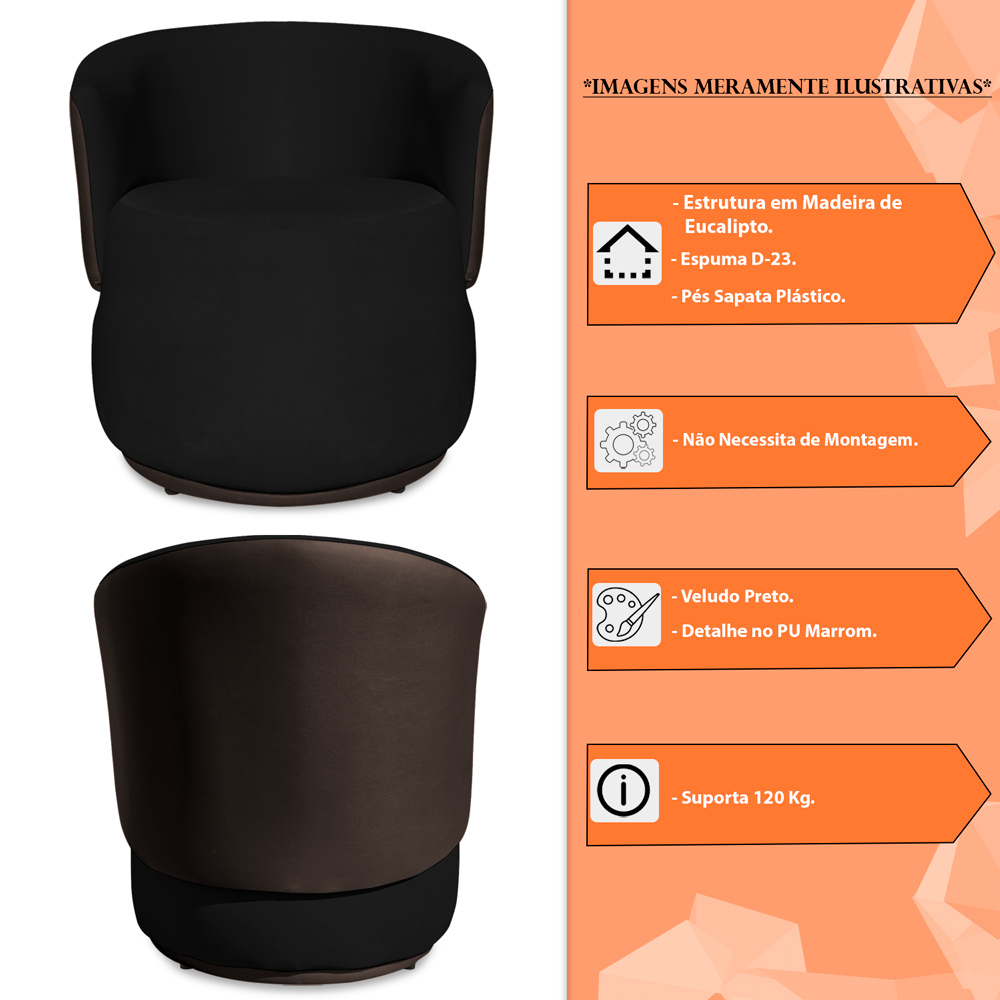 Kit 2 Poltronas Orgânica Decorativa Lara Veludo Preto/PU Marrom - Montanaris Decor