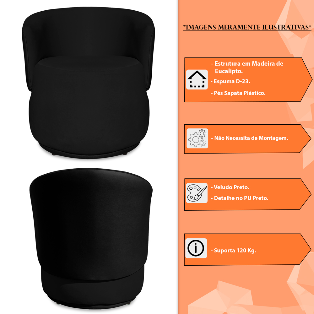 Kit 2 Poltronas Orgânica Decorativa Lara Veludo Preto/PU Preto - Montanaris Decor