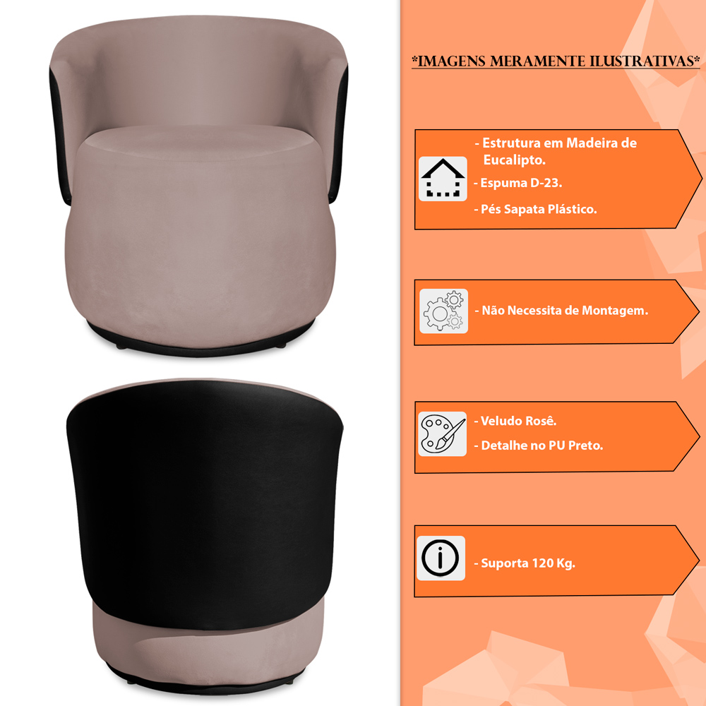 Kit 2 Poltronas Orgânica Decorativa Lara Veludo Rosê/PU Preto - Montanaris Decor