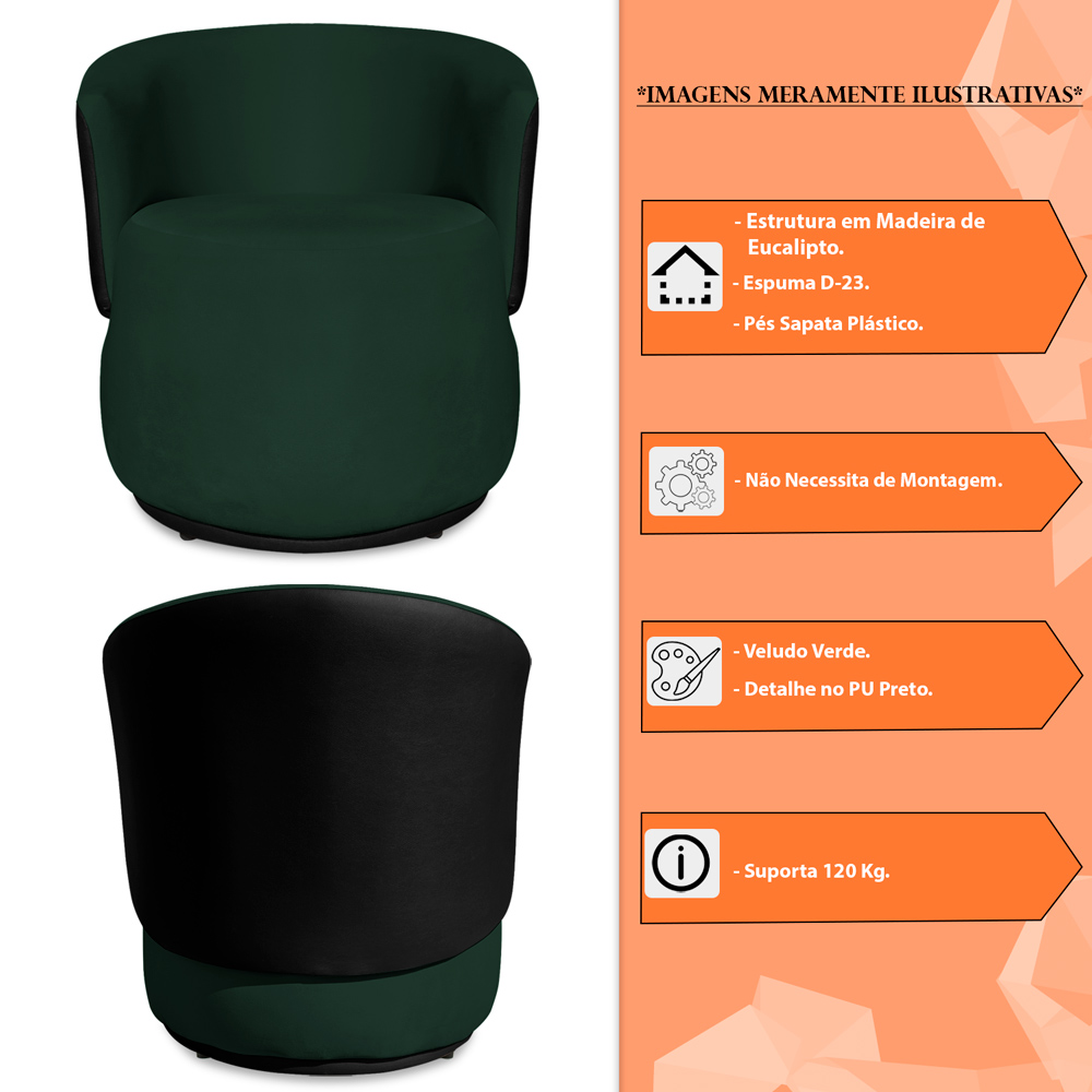 Kit 2 Poltronas Orgânica Decorativa Lara Veludo Verde/PU Preto - Montanaris Decor